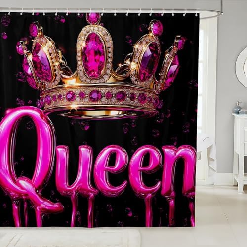 Pink Princess Crown 3D Glitter Shower Curtain Set