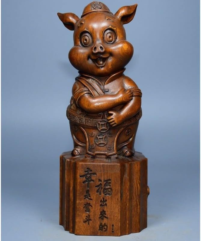 Handcrafted Boxwood Pig Wealth Statue Decor 1