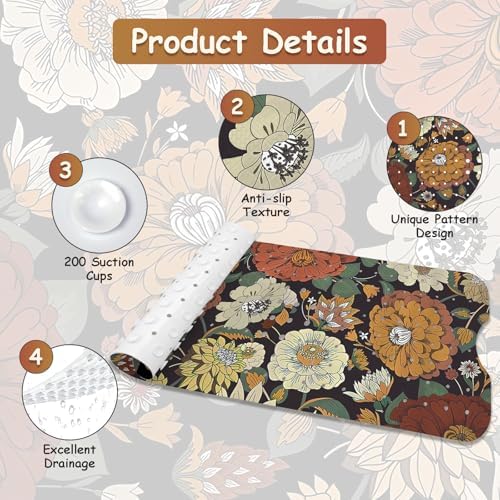 Bohemian Flower Bathtub Mat with Suction Cups and Drain Holes