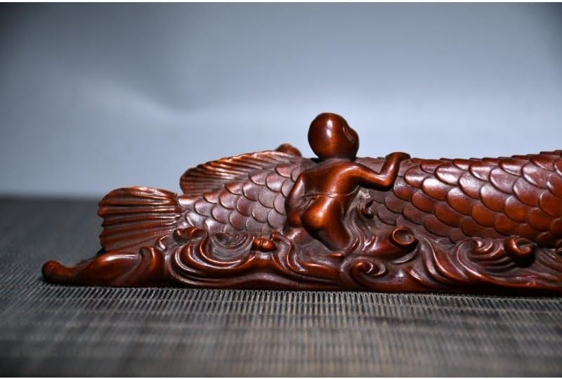 Handcrafted Boxwood Barracuda Fish Sculpture Pen Holder Decor