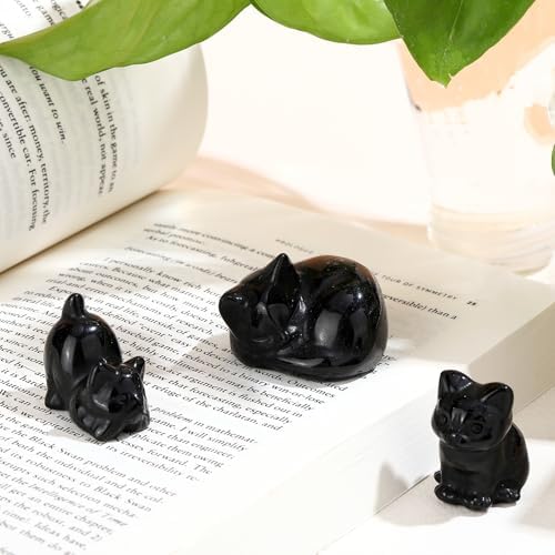 Wesiti 3 Pcs Black Obsidian Cat Figurines Decor