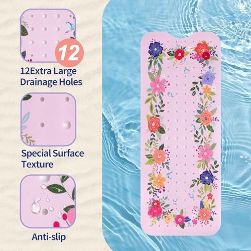 Denifeiya Pink Floral Non Slip Bathtub Mat for Kids