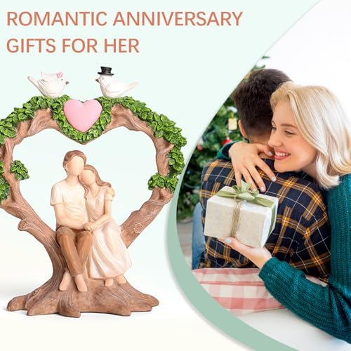 Romantic Couple Anniversary Figurine - Heart-Shaped Tree with Doves Resin Statue