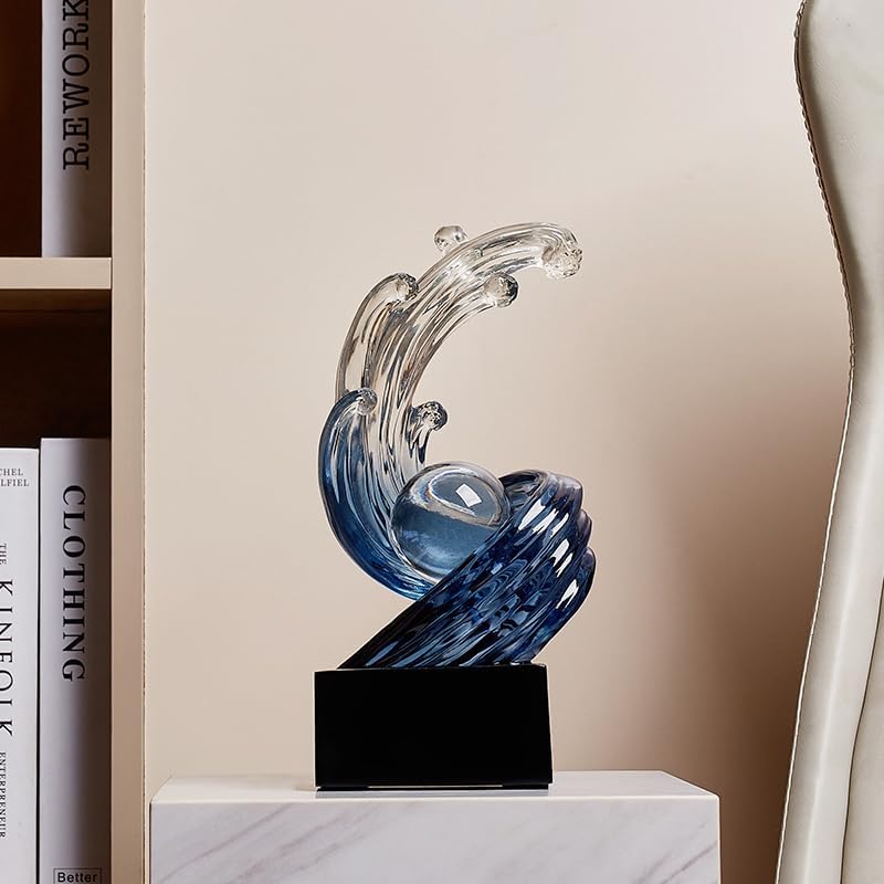 Modern Abstract Wave Sculpture with Crystal Ball Blue and Navy Blue