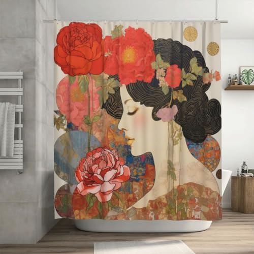 DAOWANGZUO Red Pink Flower Shower Curtain Set 72x72in