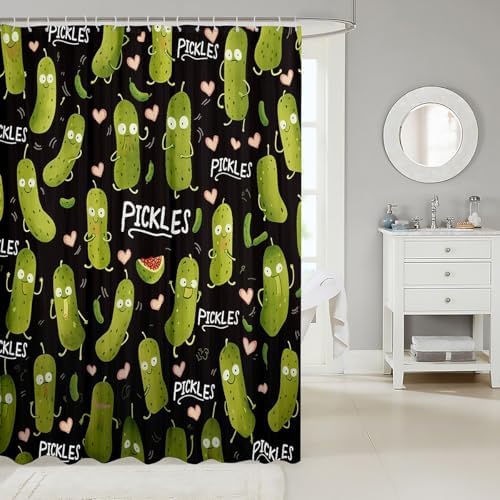 Pickle Pattern Shower Curtain Set Kawaii Cucumber Design 72x78