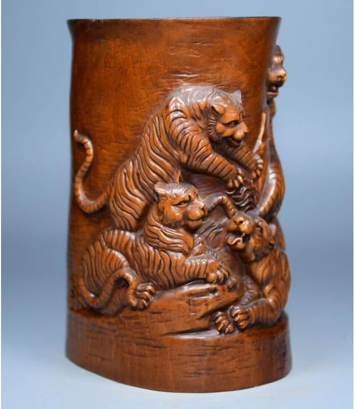 LimpaC Handcrafted Boxwood Animal Five Tiger Pine Brush Pot Statue