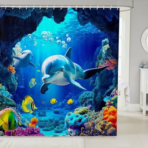 3D Dolphin Pattern Shower Curtain Set 72x72