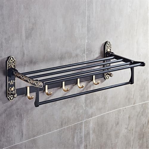 Foldable Towel Rack with 7 Hooks and Carved Design Black
