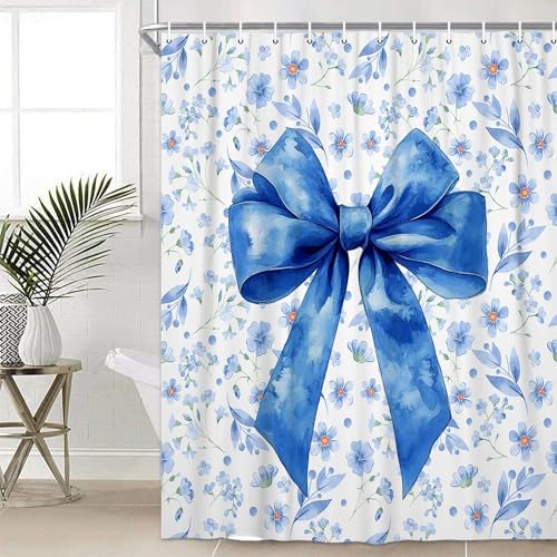 Blue Bow Shower Curtain Set 72x72in
