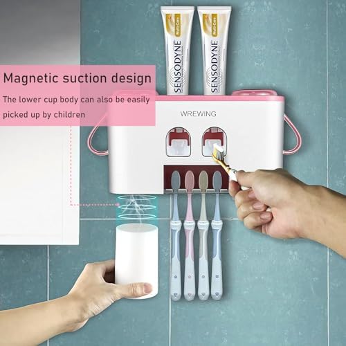 WREWING Toothbrush Holder with 4 Slots and 2 Squeezers Pink