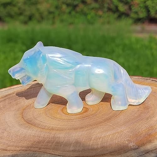 Opalite Wolf Figurine Decor Sculpture Hand Carved Stone Art