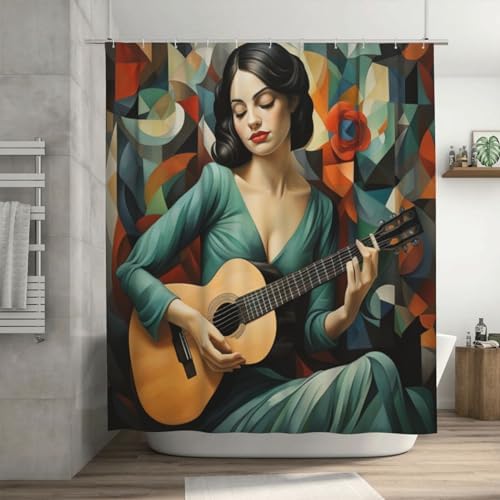 Guitar Girl Bohemian Shower Curtain Set with 12 Hooks 72x72in