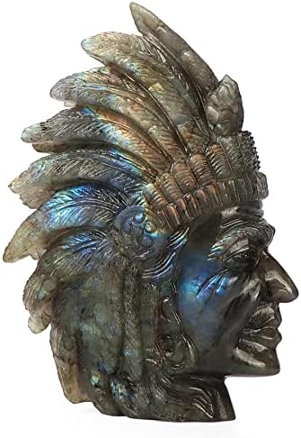 Artistone Labradorite Crystal Indian Skull Statue Hand-Carved