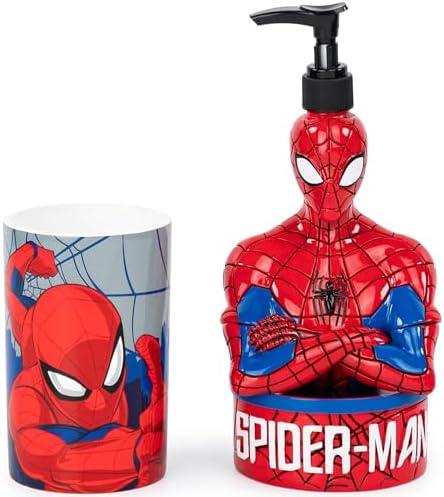 Jay Franco Marvel Spiderman 2 Piece Set - Red Blue Soap Dispenser Tumbler