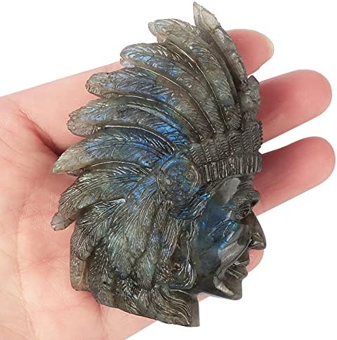 Artistone Labradorite Crystal Indian Skull Statue Hand-Carved