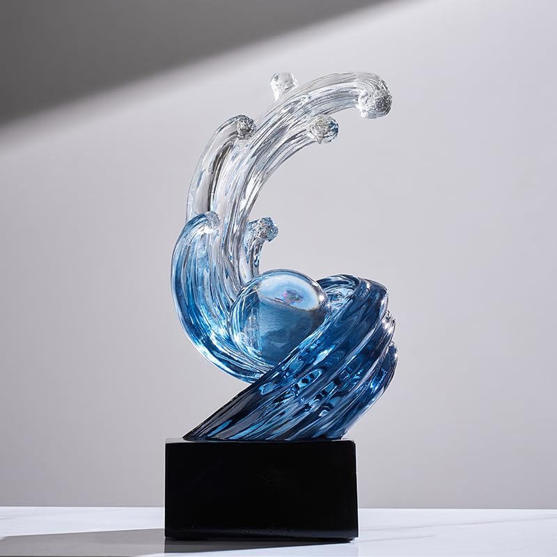Modern Abstract Wave Sculpture with Crystal Ball Blue and Navy Blue