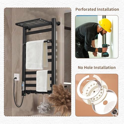 Heated Towel Rack with Shelf and Timer 10 Bars Black