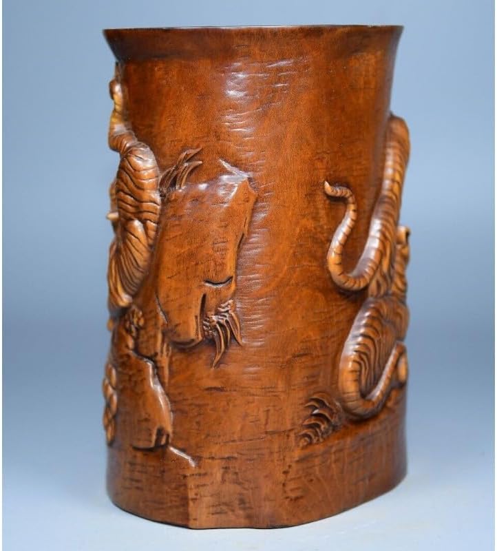 LimpaC Handcrafted Boxwood Animal Five Tiger Pine Brush Pot Statue