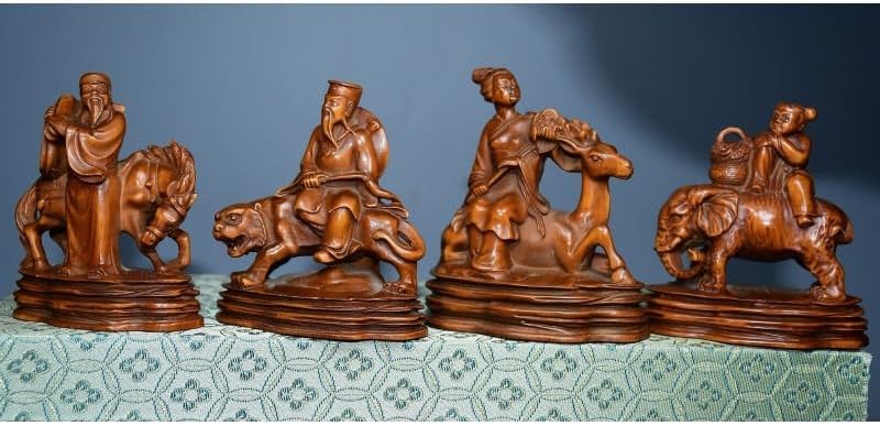 Handcrafted Boxwood Taoism Eight Immortals Meditating Statues Decor