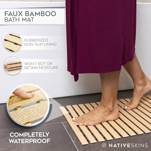 NativeSkins Faux Bamboo Bath Mat - Non-Slip Waterproof 169 x 307 in Teak