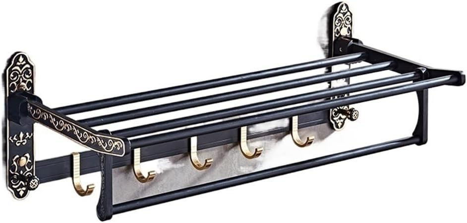 Foldable Towel Rack with 7 Hooks and Carved Design Black