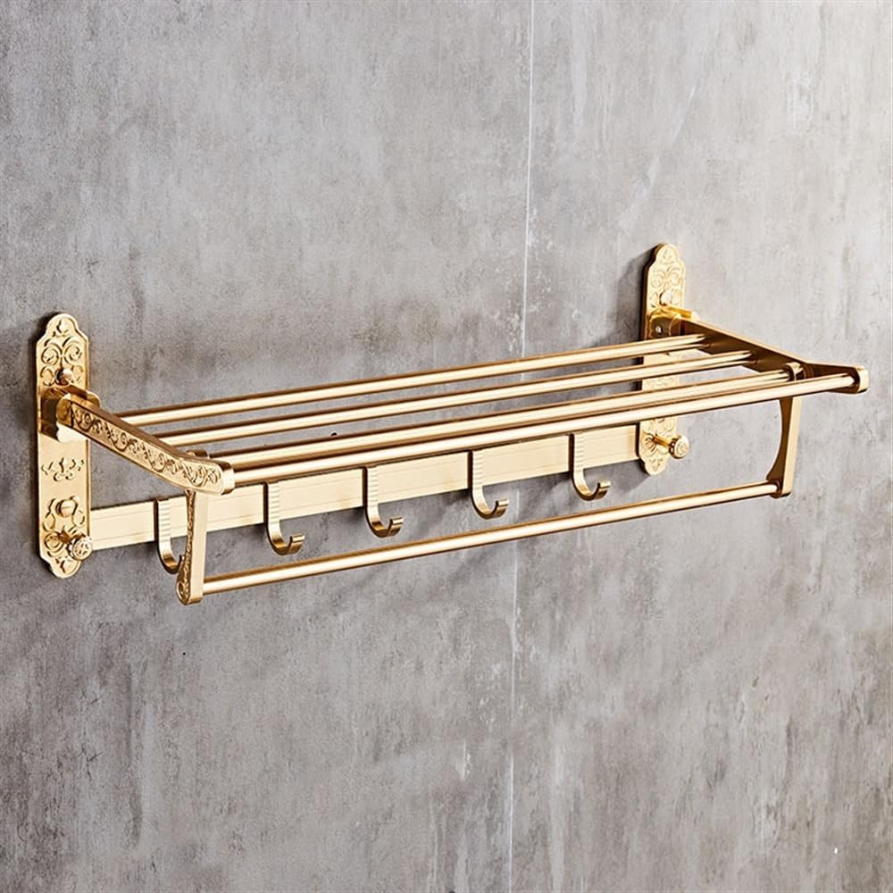 Foldable Bathroom Towel Rack with 7 Hooks and Carved Design