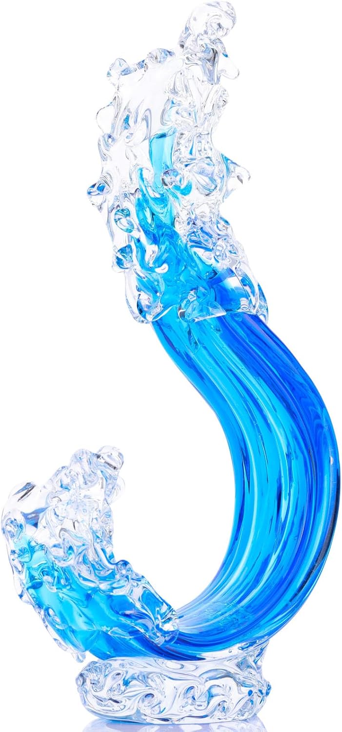 Blue Hand Blown Glass Ocean Wave Statue