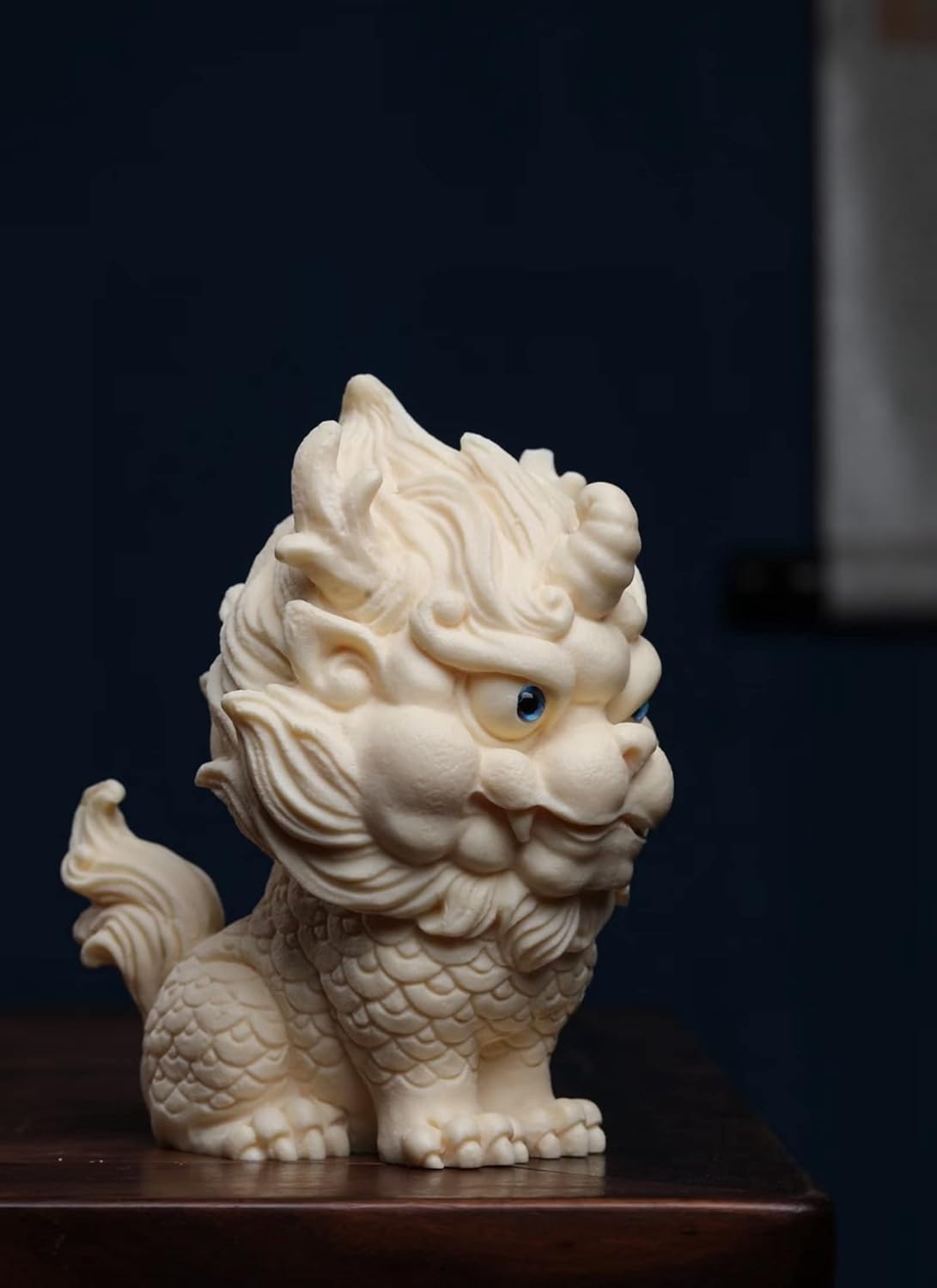 White Feng Shui Foo Dog Statue Ivory Fruit Finish Kylin Sculpture