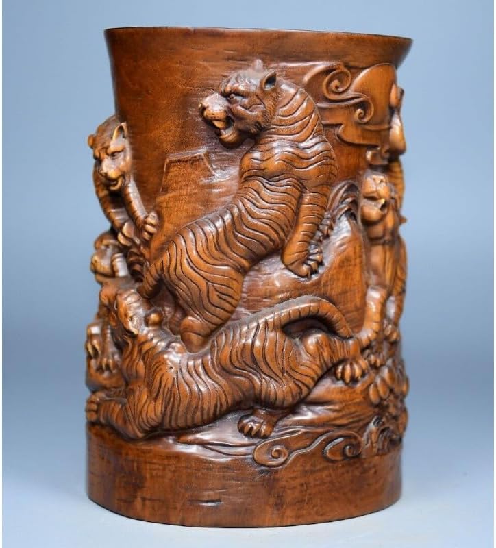 LimpaC Handcrafted Boxwood Animal Five Tiger Pine Brush Pot Statue