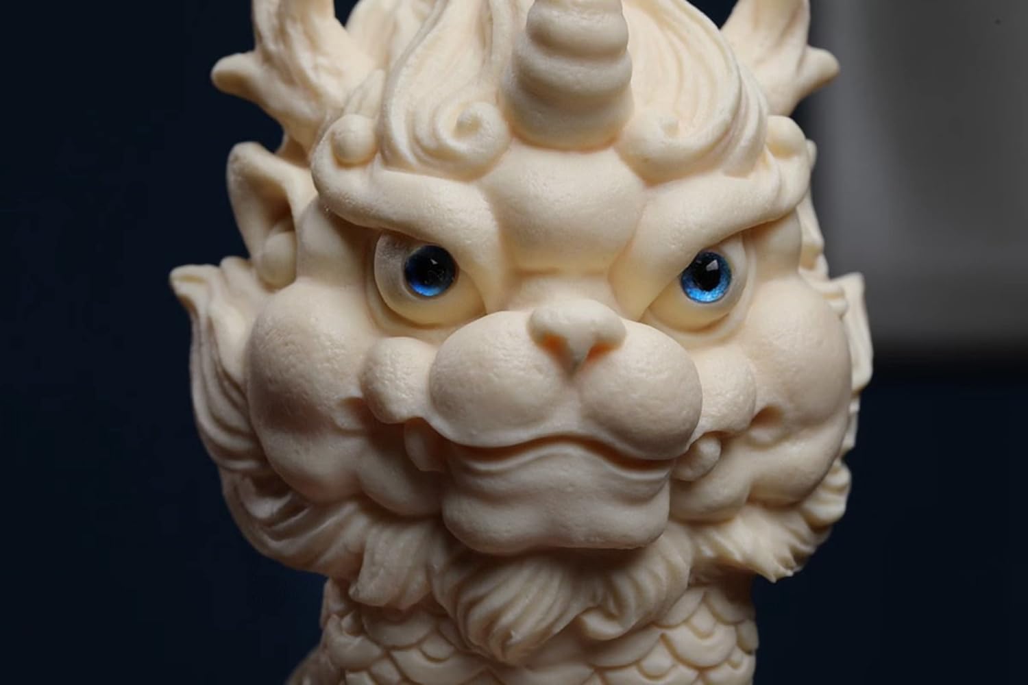 White Feng Shui Foo Dog Statue Ivory Fruit Finish Kylin Sculpture