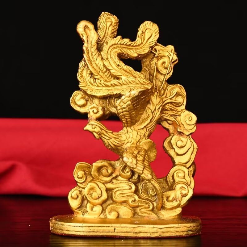 Chinese Brass Dragon Phoenix Lucky Statue Feng Shui Figurine Pair