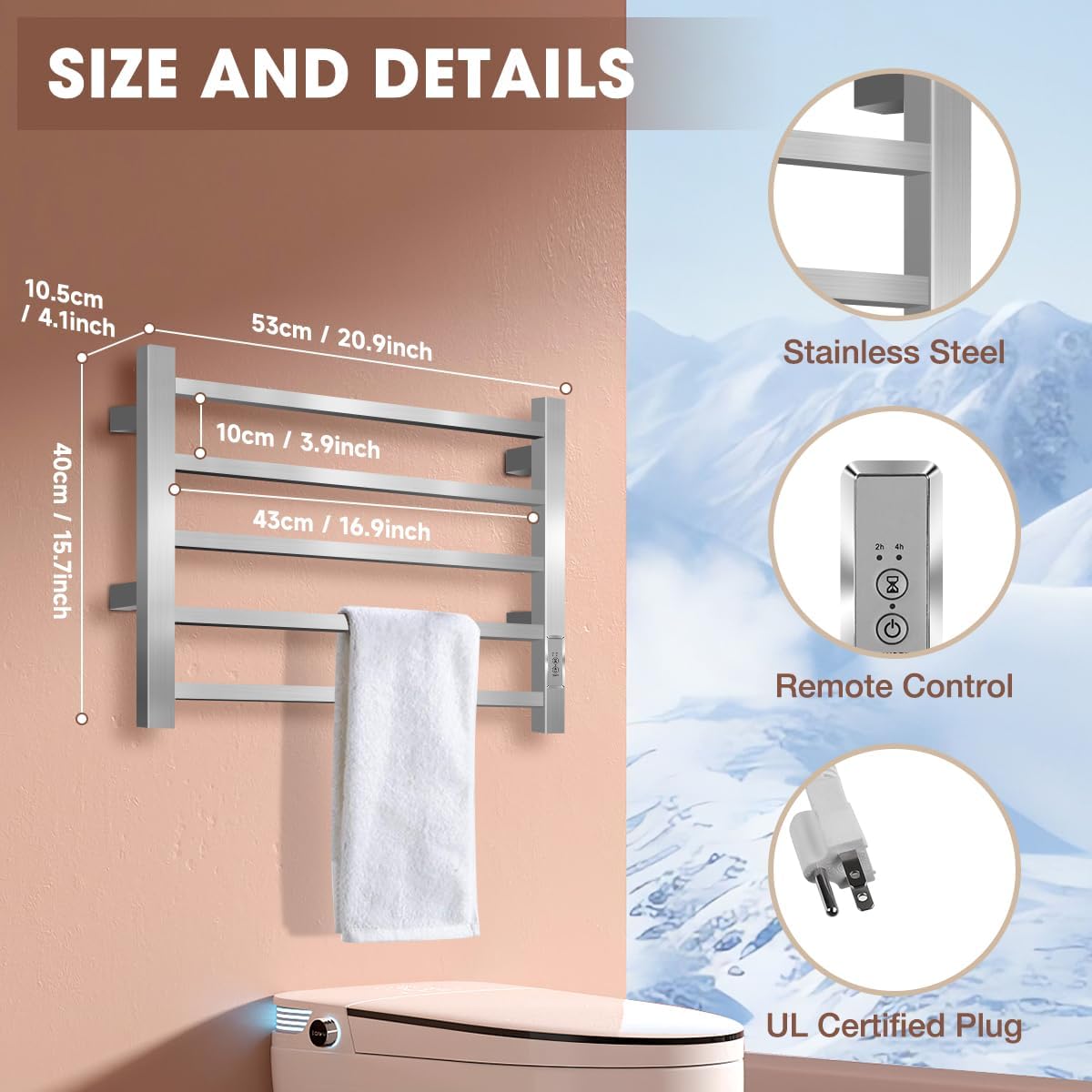 Aquatrend Heated Towel Rack with 5 Bar Stainless Steel Design