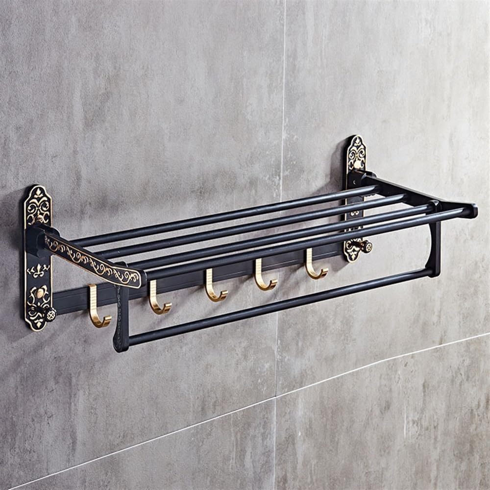 Foldable Towel Rack with 7 Hooks and Carved Design Black