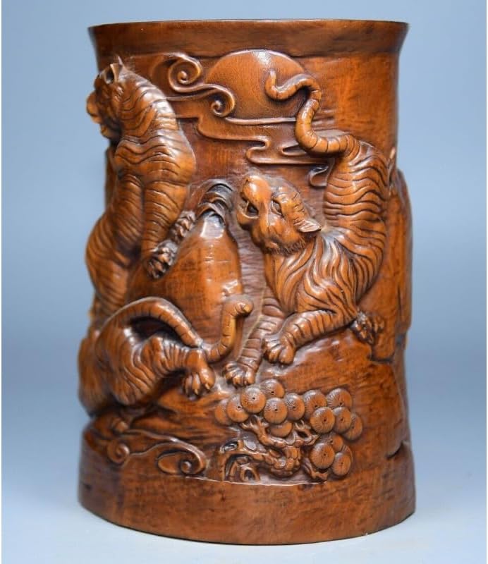 LimpaC Handcrafted Boxwood Animal Five Tiger Pine Brush Pot Statue