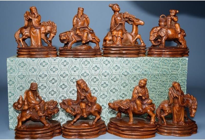 Handcrafted Boxwood Taoism Eight Immortals Meditating Statues Decor