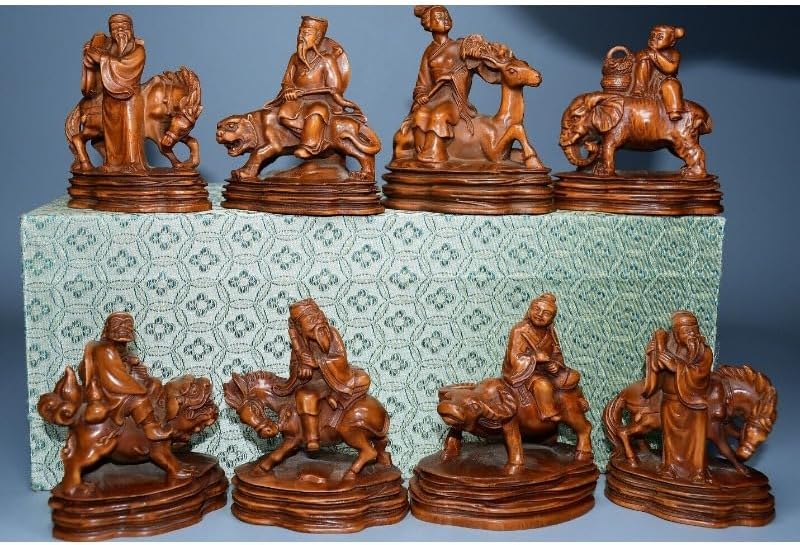 Handcrafted Boxwood Taoism Eight Immortals Meditating Statues Decor