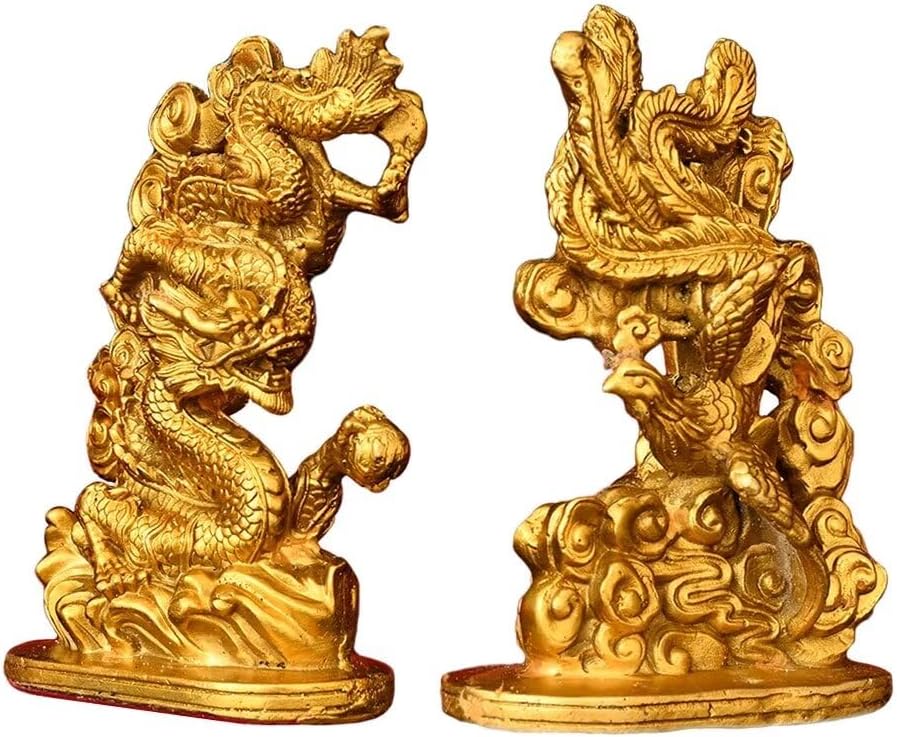 Chinese Brass Dragon Phoenix Lucky Statue Feng Shui Figurine Pair