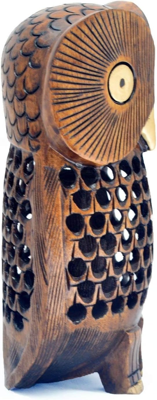 Hand Carved Wooden Owl Statue 6 Inch Decor