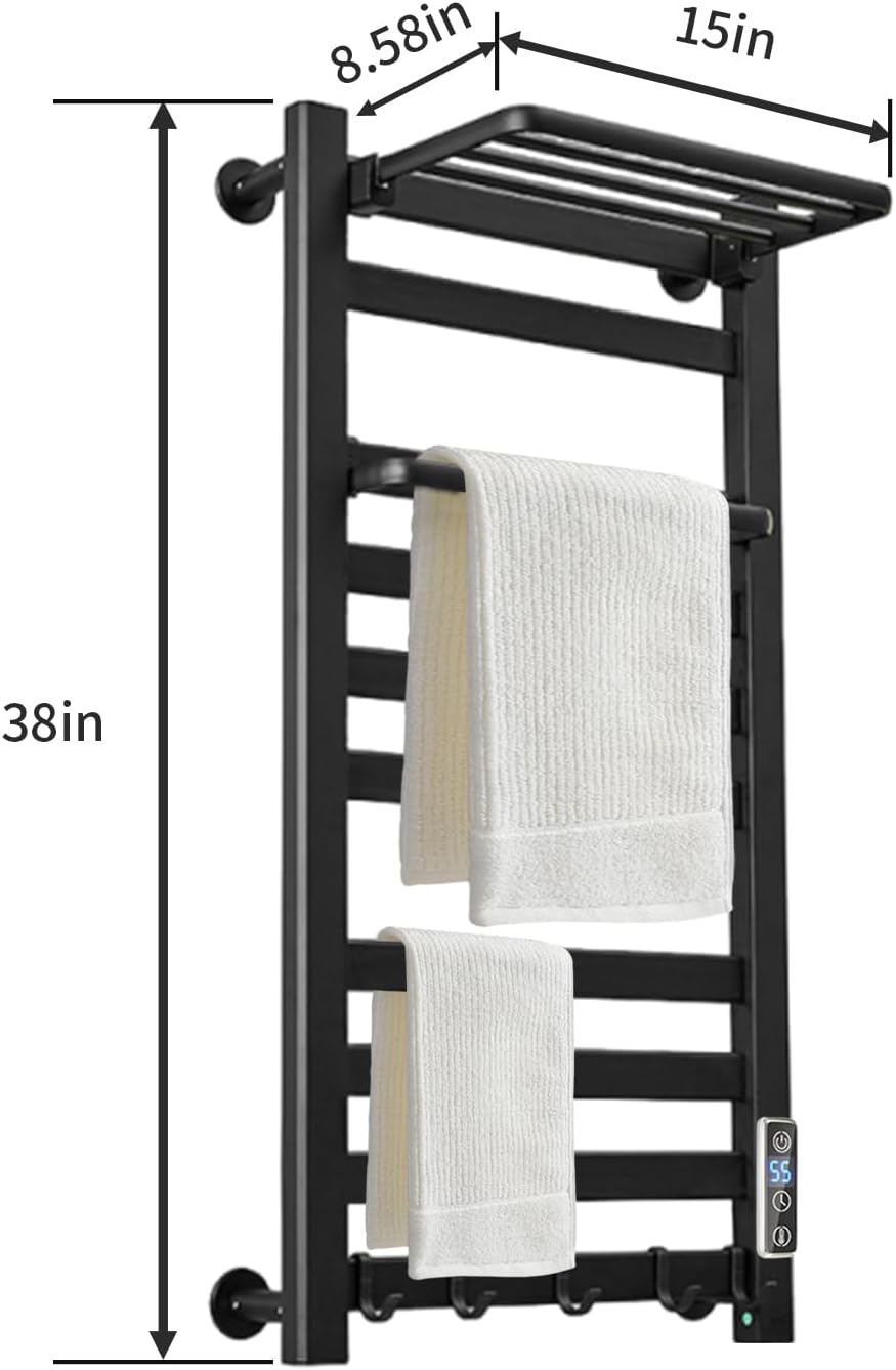 Heated Towel Rack with Shelf and Timer 10 Bars Black
