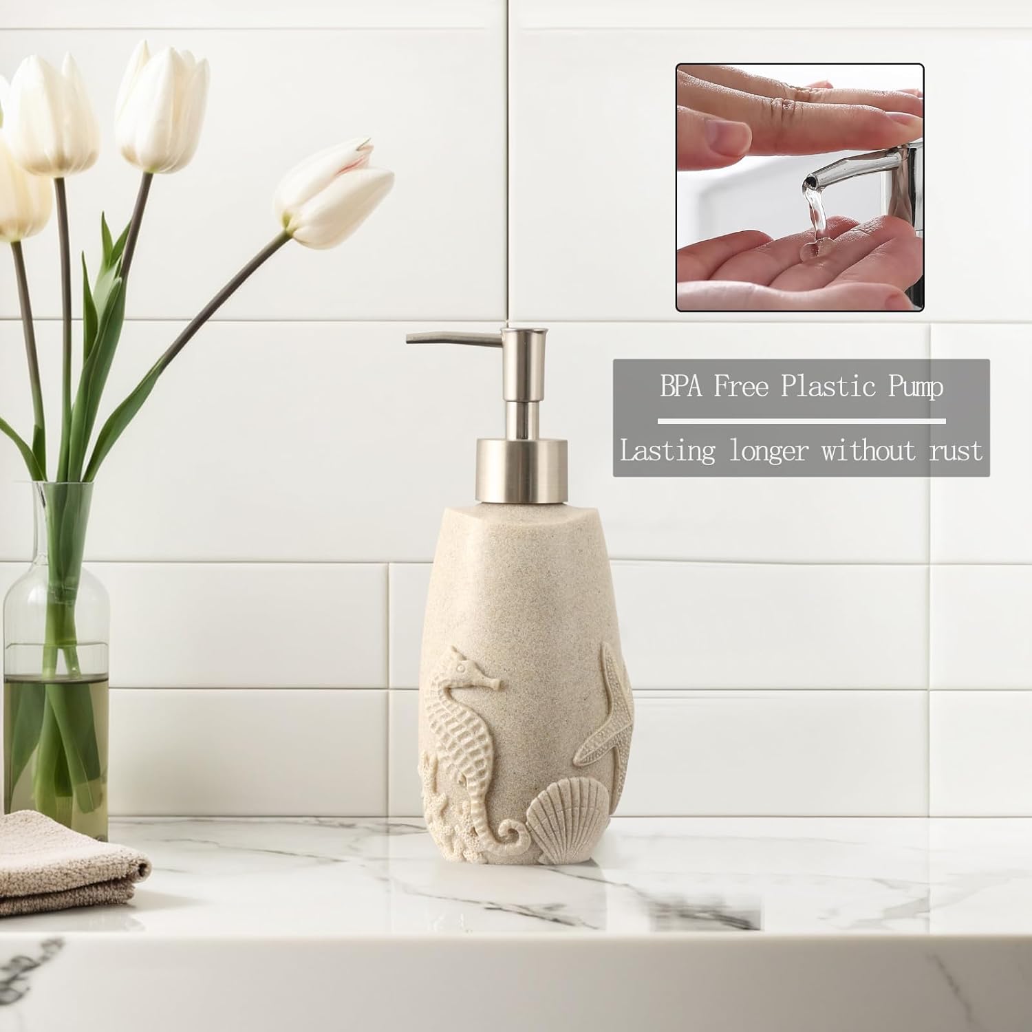Haocoott 4PC Bathroom Accessory Set with Sea Decor Beige