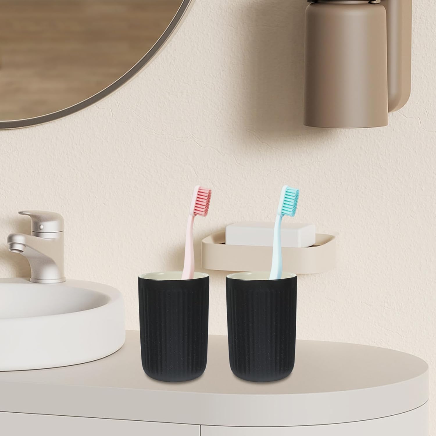Set of 2 Black Striped Ceramic Toothbrush Holder Cups