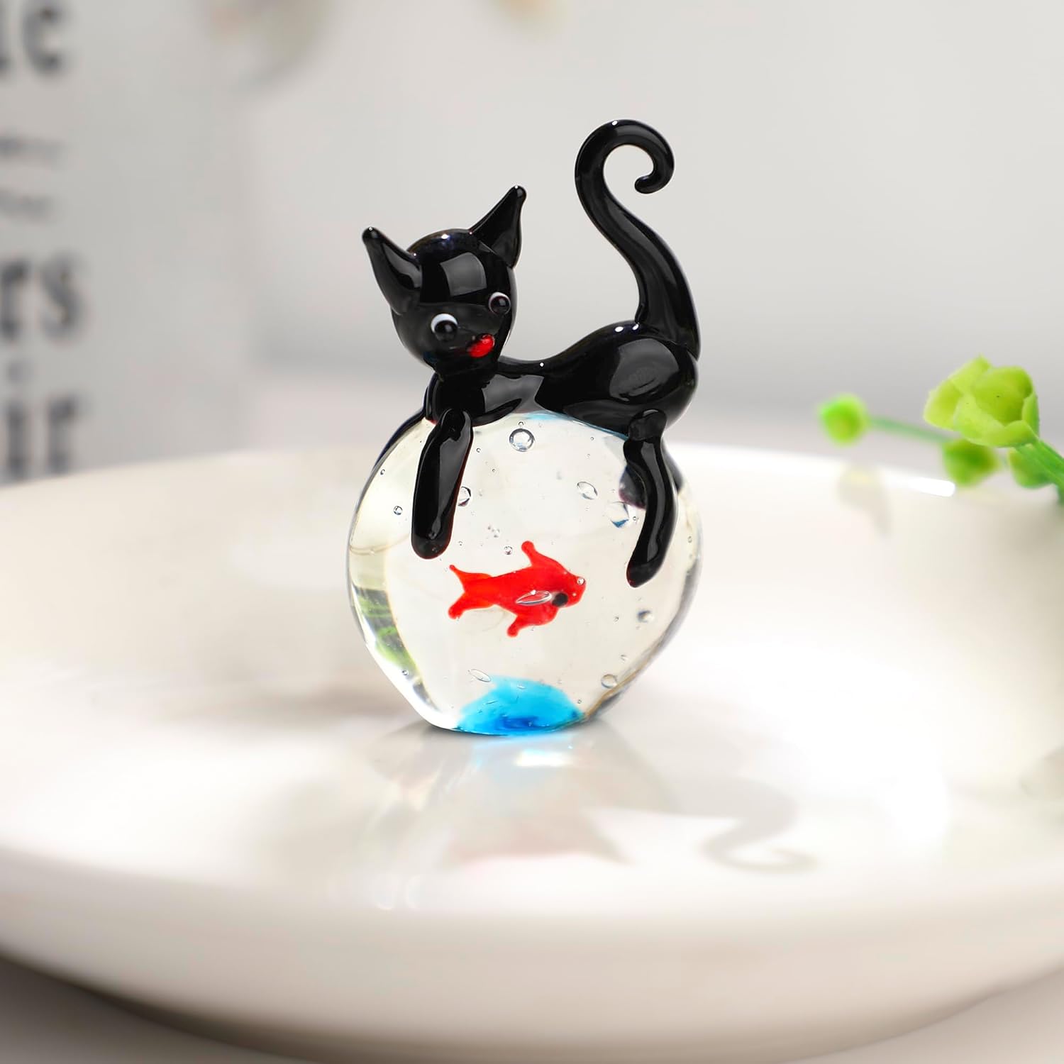 QFkris Hand Blown Glass Black Cat Figurine