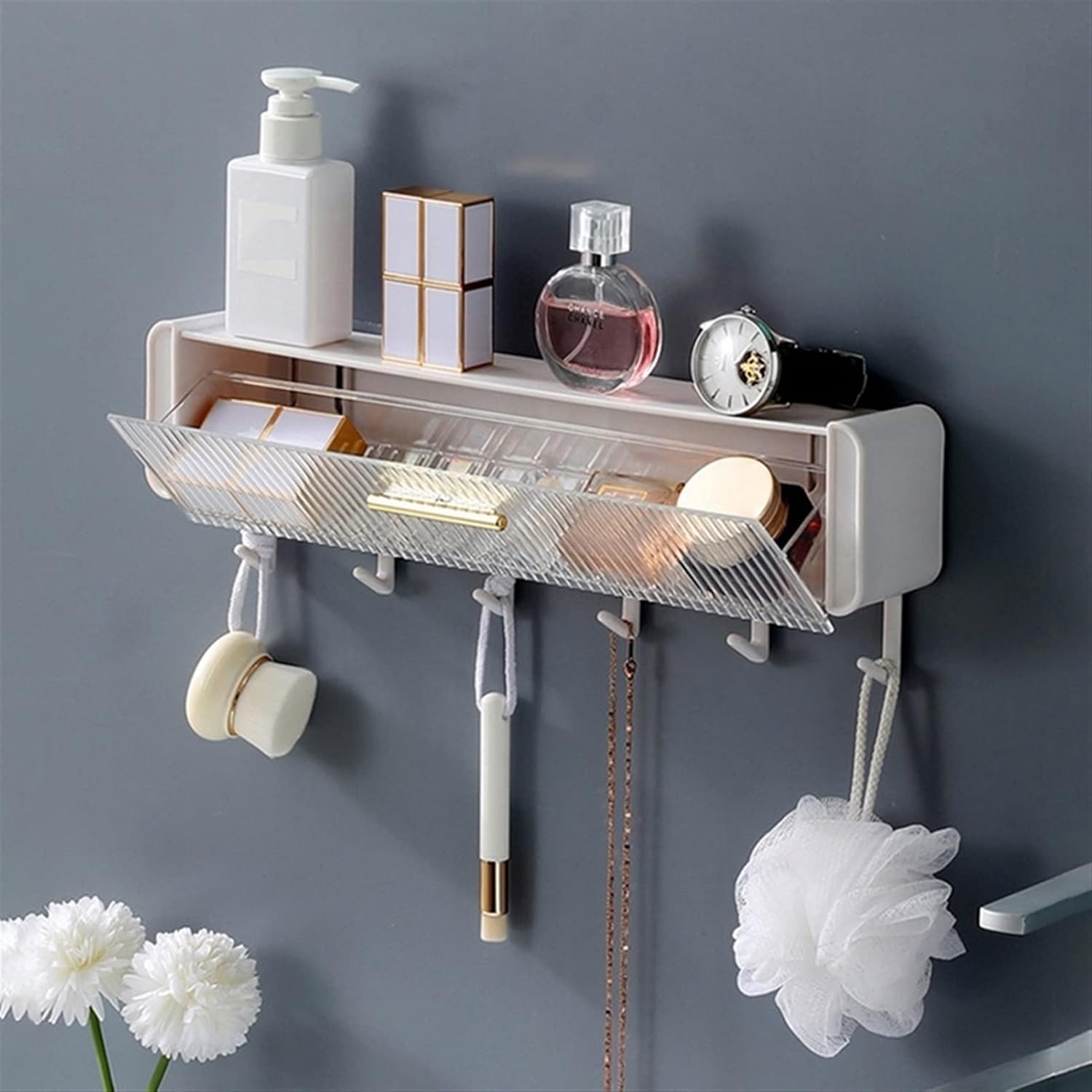 XUNTING Wall Hook with Drawer Storage Rack for Bathroom