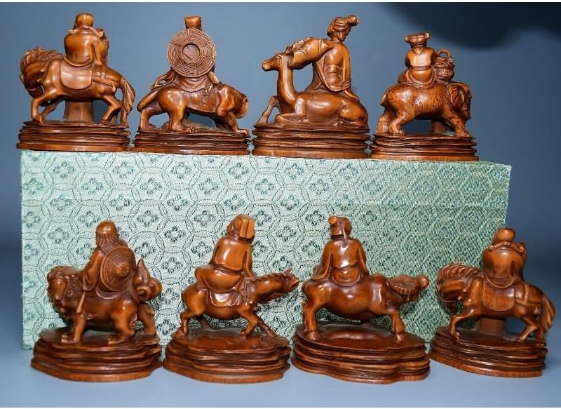 Handcrafted Boxwood Taoism Eight Immortals Meditating Statues Decor