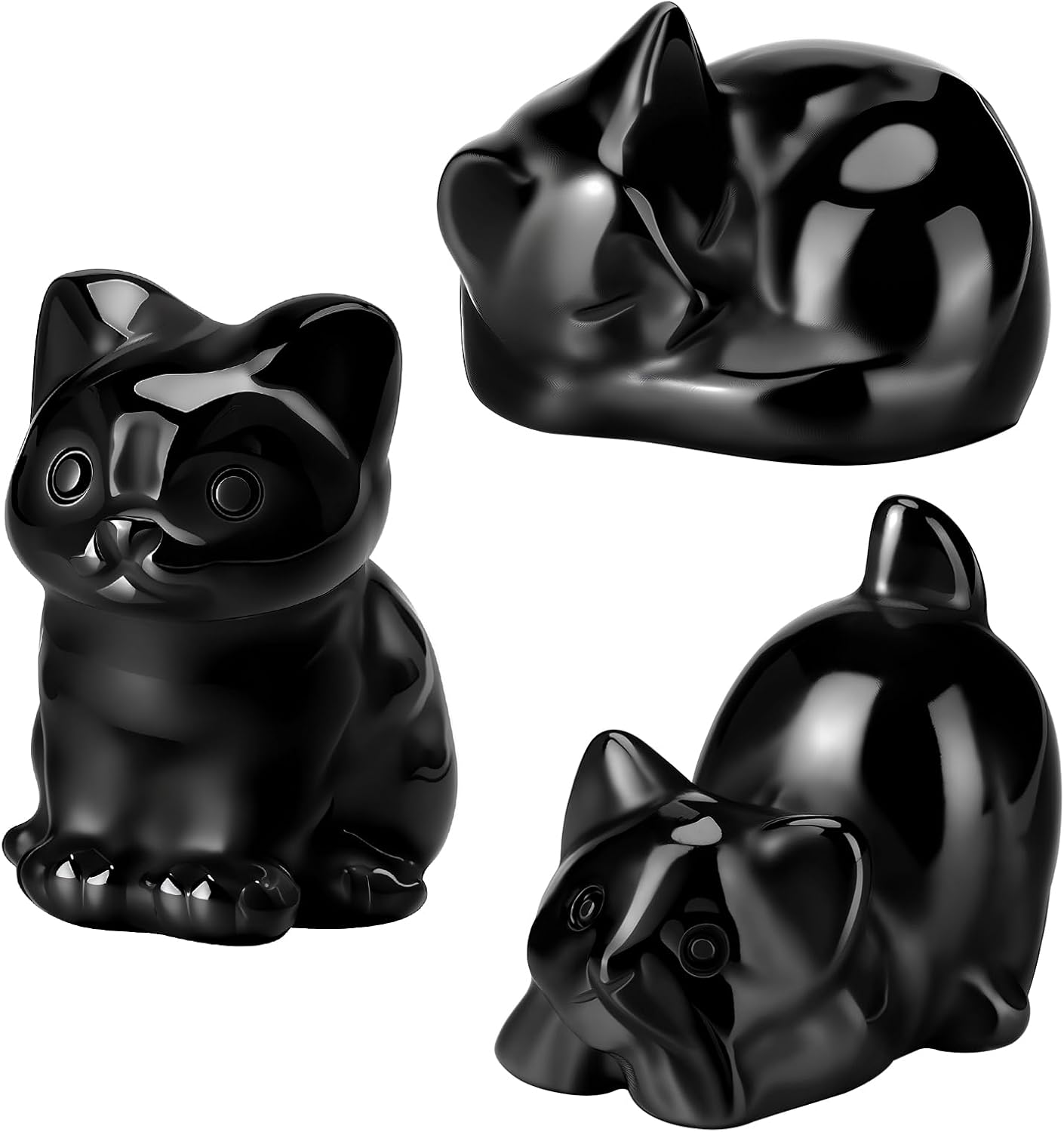 Wesiti 3 Pcs Black Obsidian Cat Figurines Decor