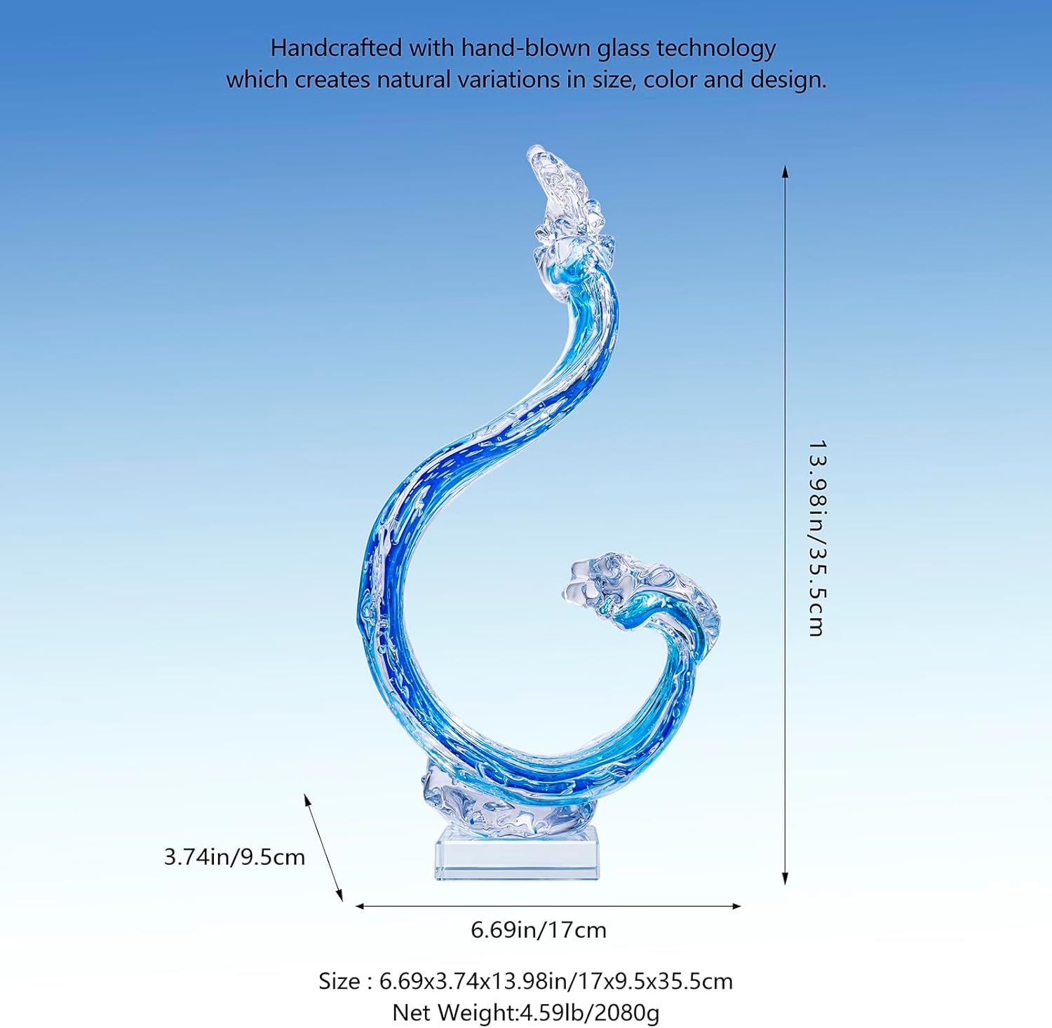 14 Inch Hand Blown Glass Ocean Waves Sculpture with Floating Base
