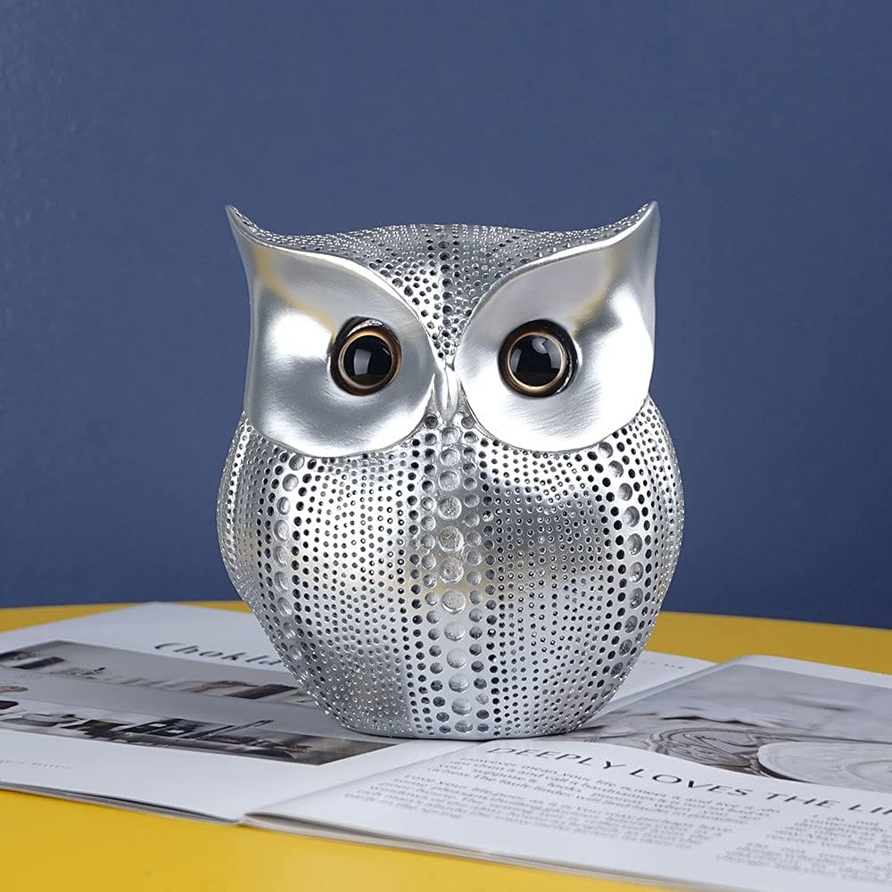 YIKESSHU Owl Statue Home Decor Luxury Silver Resin Sculpture