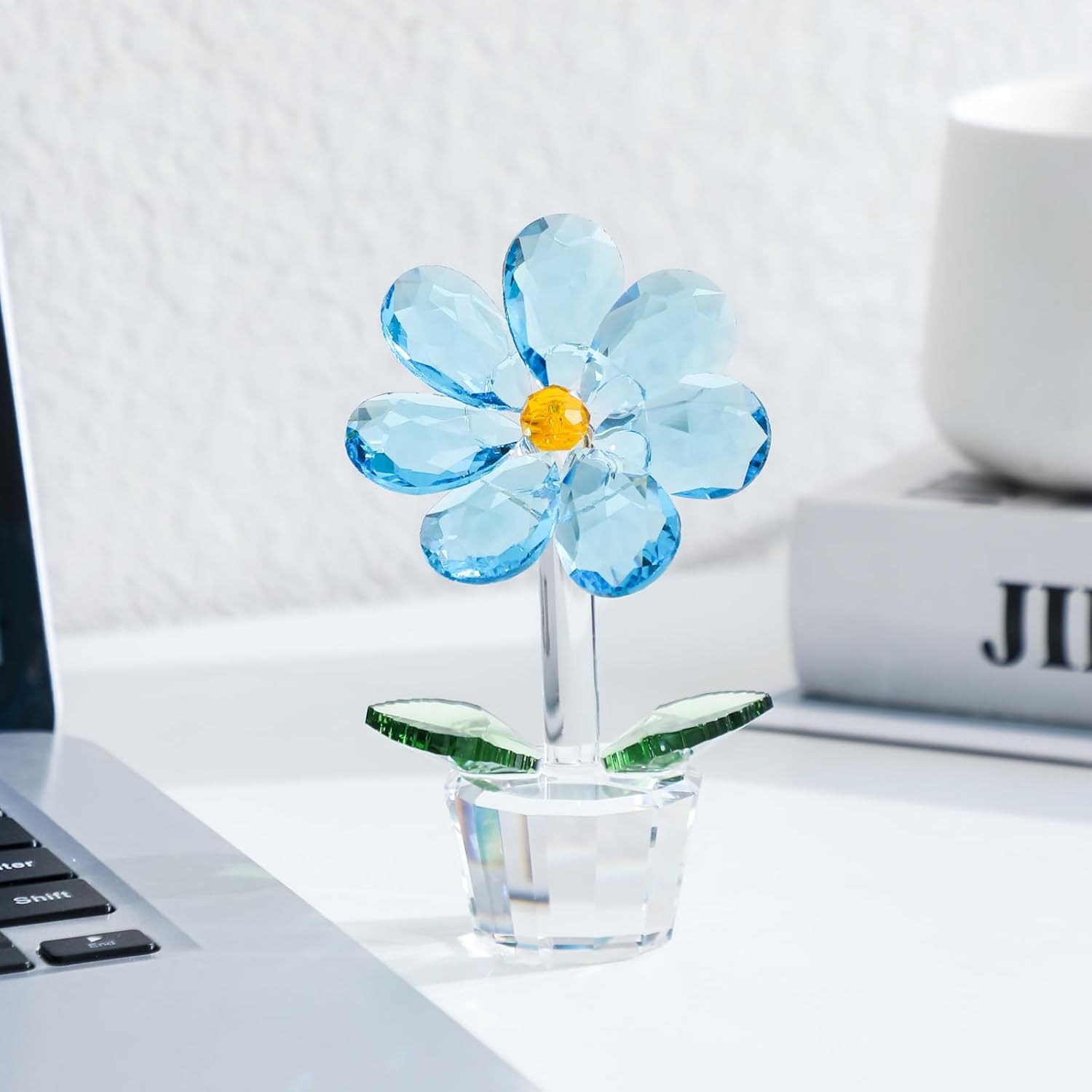 DLXK Crystal Flower Figurine Blue Faceted Glass Desk Decor 1