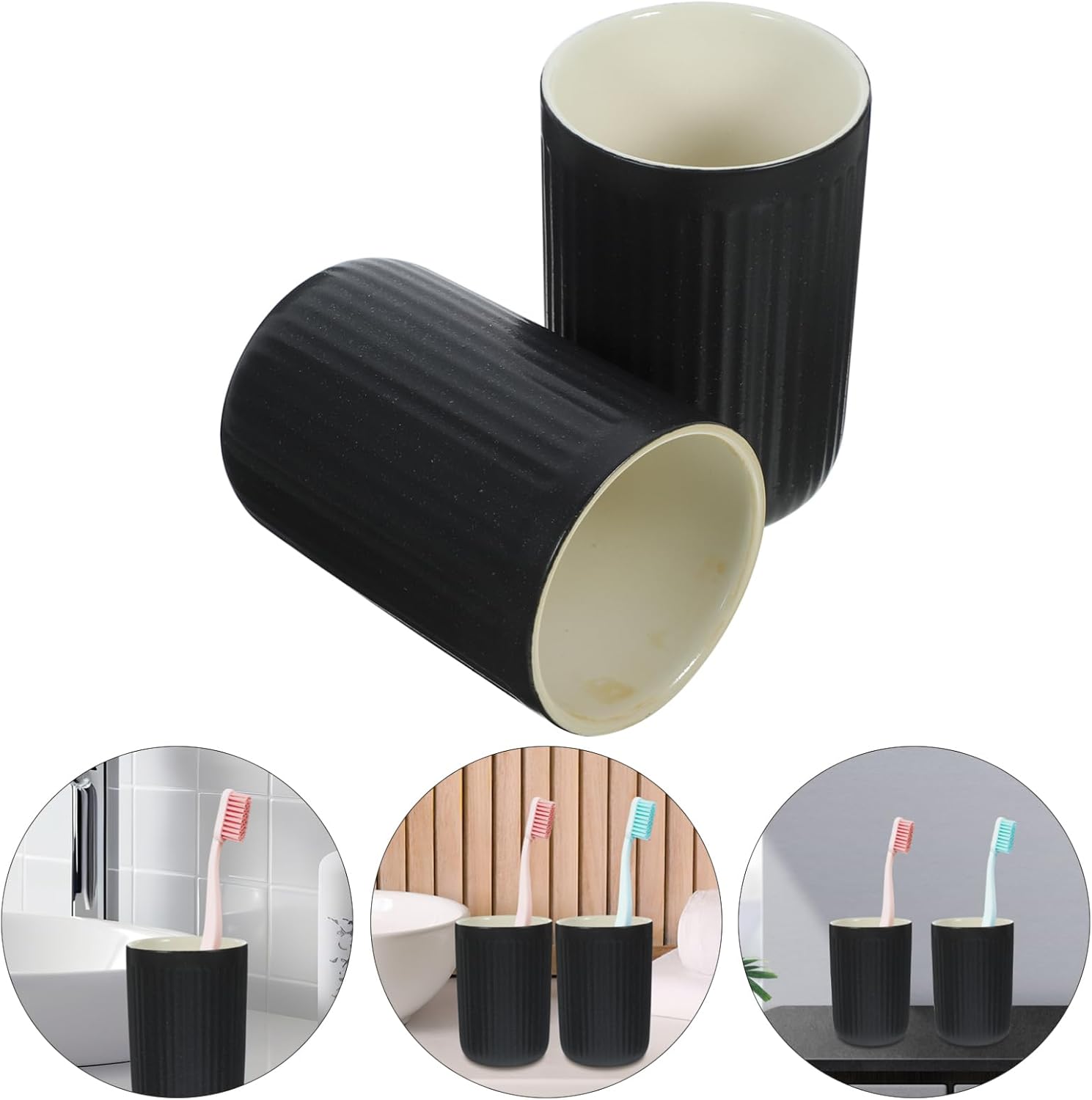 Set of 2 Black Striped Ceramic Toothbrush Holder Cups